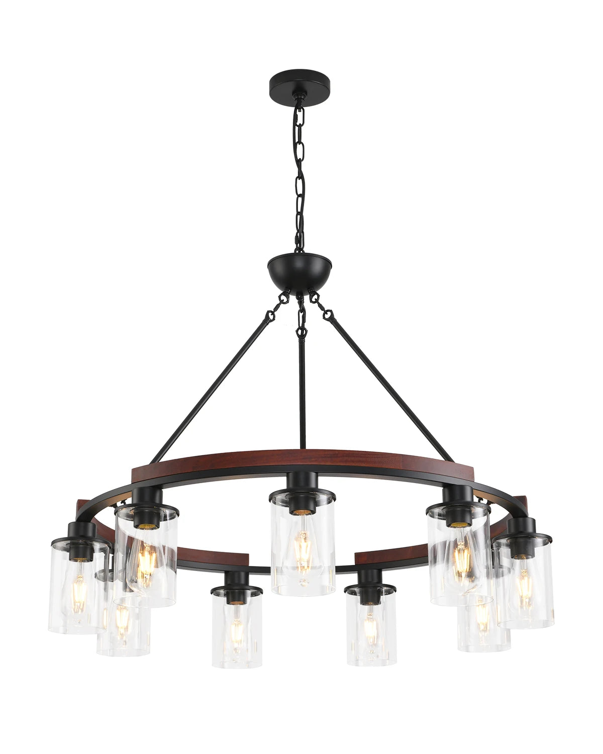 25 Inch Wagon Wheel Chandelier with Glass Shade, 9-Light Round Farmhouse Pendant Light Fixture