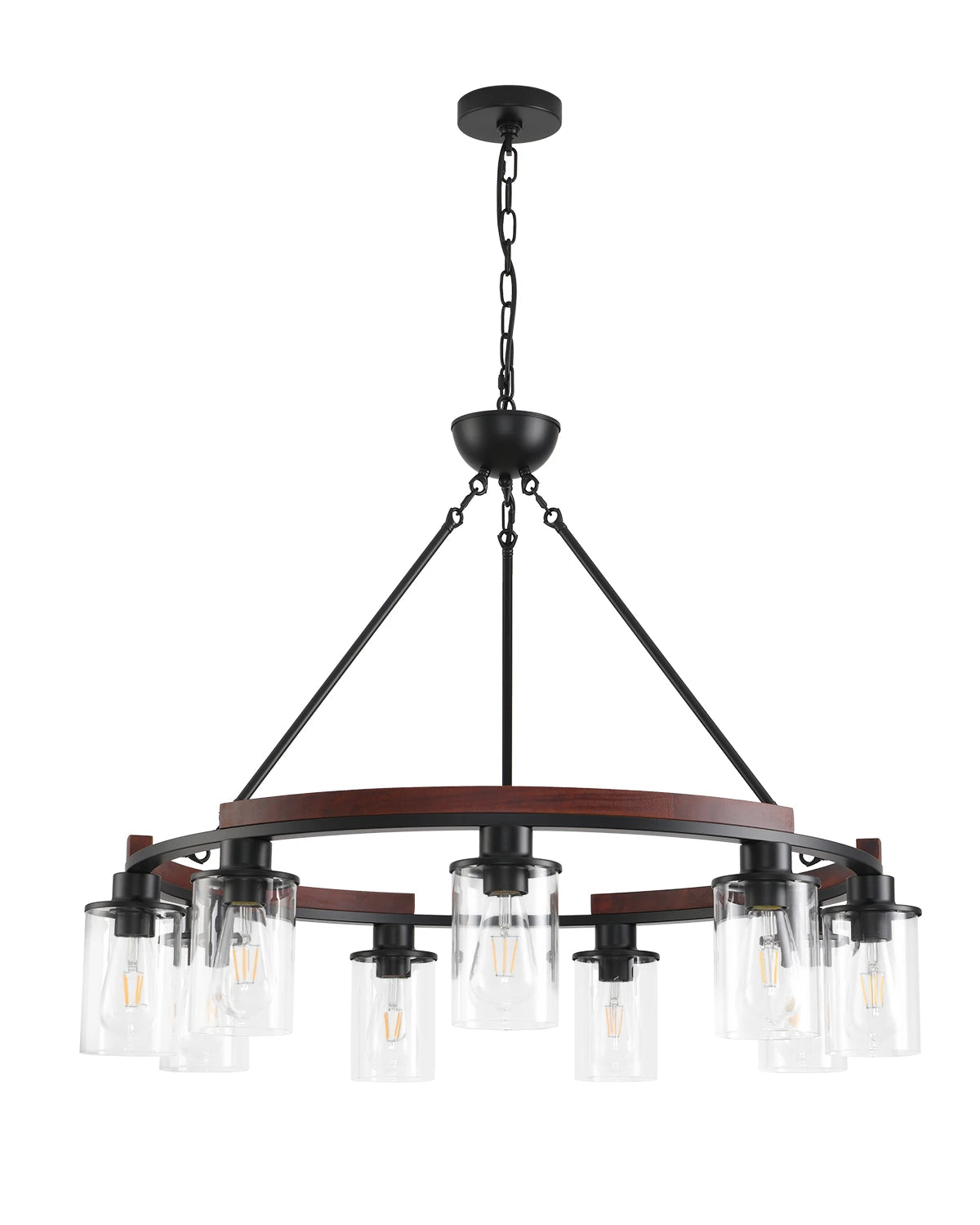 25 Inch Wagon Wheel Chandelier with Glass Shade, 9-Light Round Farmhouse Pendant Light Fixture