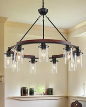 25 Inch Wagon Wheel Chandelier with Glass Shade, 9-Light Round Farmhouse Pendant Light Fixture