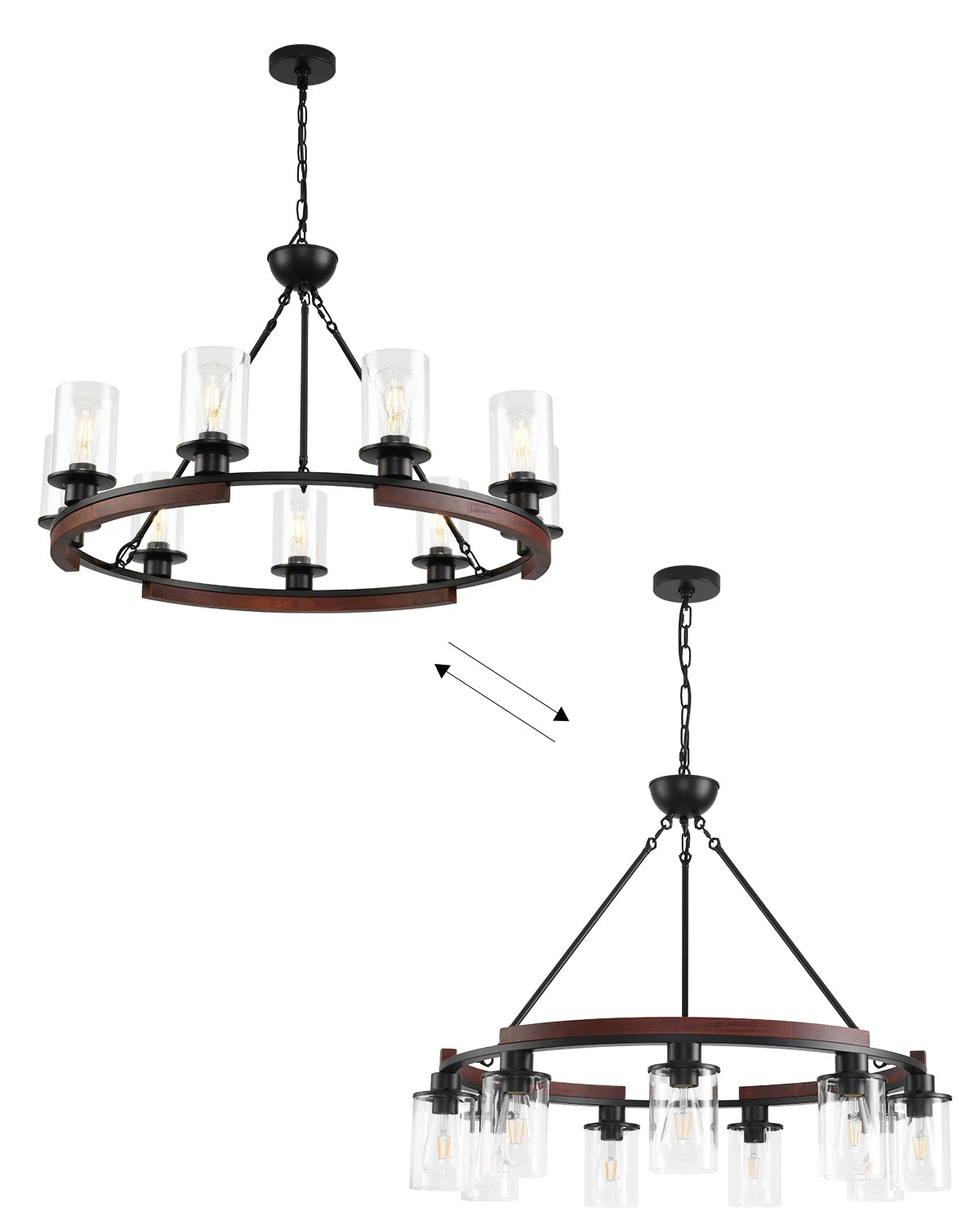 25 Inch Wagon Wheel Chandelier with Glass Shade, 9-Light Round Farmhouse Pendant Light Fixture