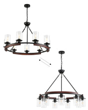 25 Inch Wagon Wheel Chandelier with Glass Shade, 9-Light Round Farmhouse Pendant Light Fixture