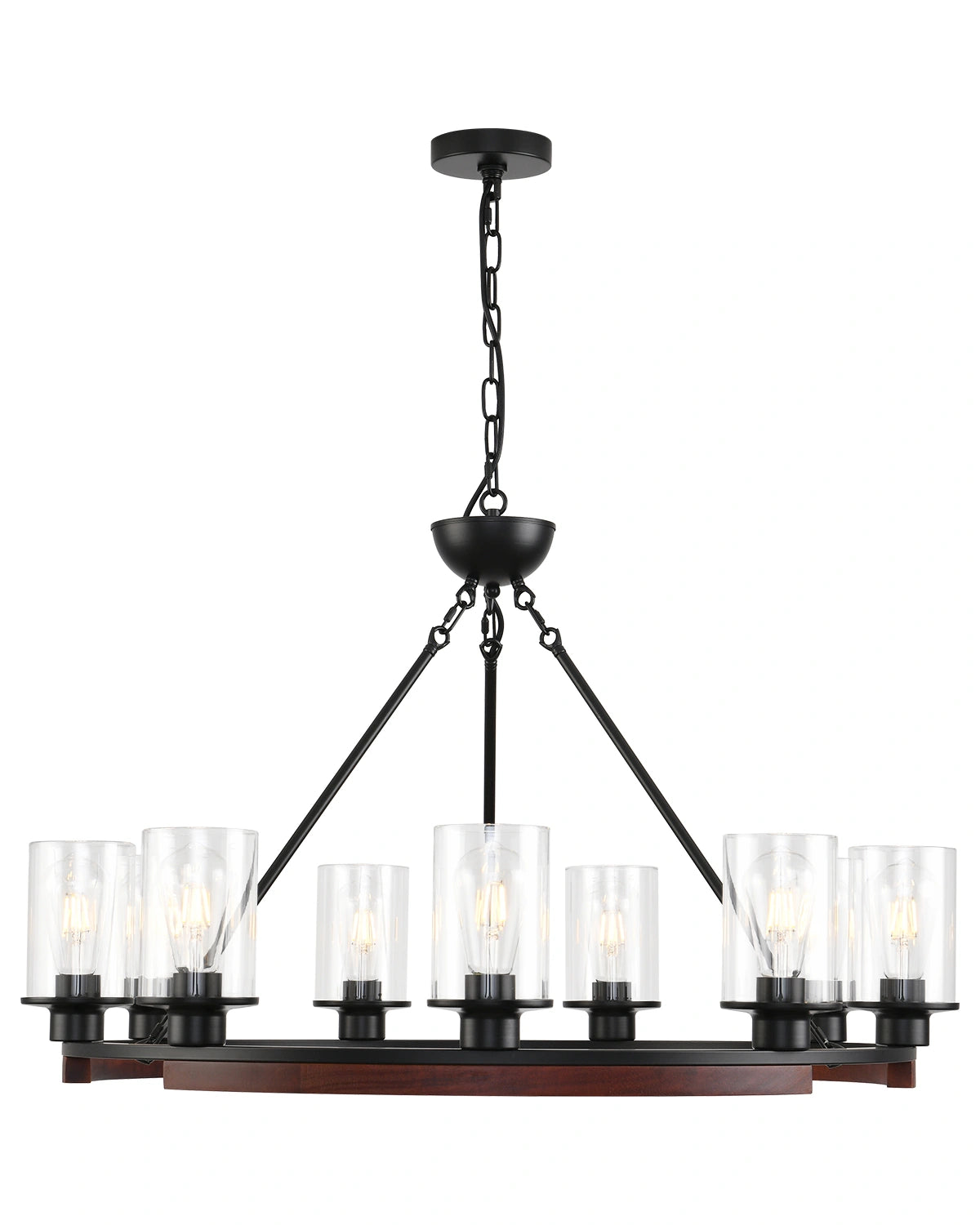 25 Inch Wagon Wheel Chandelier with Glass Shade, 9-Light Round Farmhouse Pendant Light Fixture