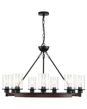 25 Inch Wagon Wheel Chandelier with Glass Shade, 9-Light Round Farmhouse Pendant Light Fixture