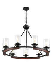 25 Inch Wagon Wheel Chandelier with Glass Shade, 9-Light Round Farmhouse Pendant Light Fixture