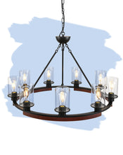 25 Inch Wagon Wheel Chandelier with Glass Shade, 9-Light Round Farmhouse Pendant Light Fixture