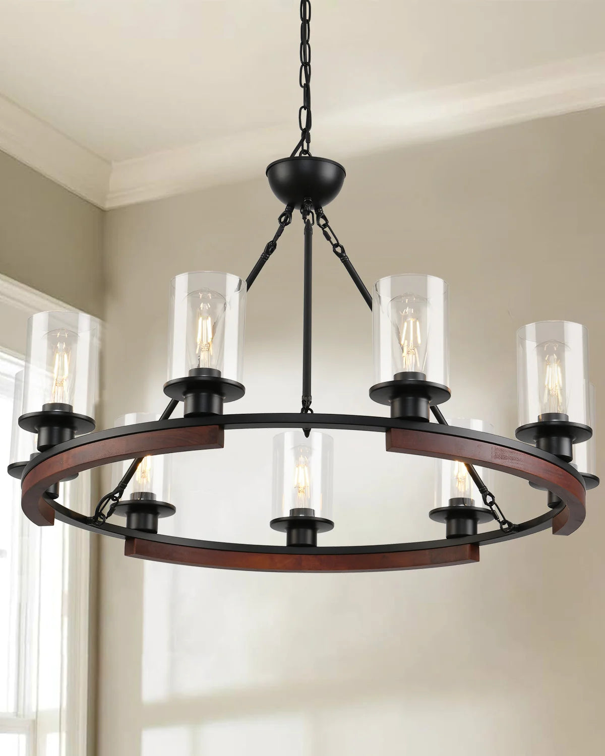 25 Inch Wagon Wheel Chandelier with Glass Shade, 9-Light Round Farmhouse Pendant Light Fixture