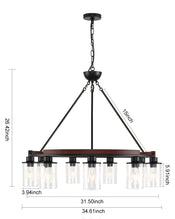 25 Inch Wagon Wheel Chandelier with Glass Shade, 9-Light Round Farmhouse Pendant Light Fixture