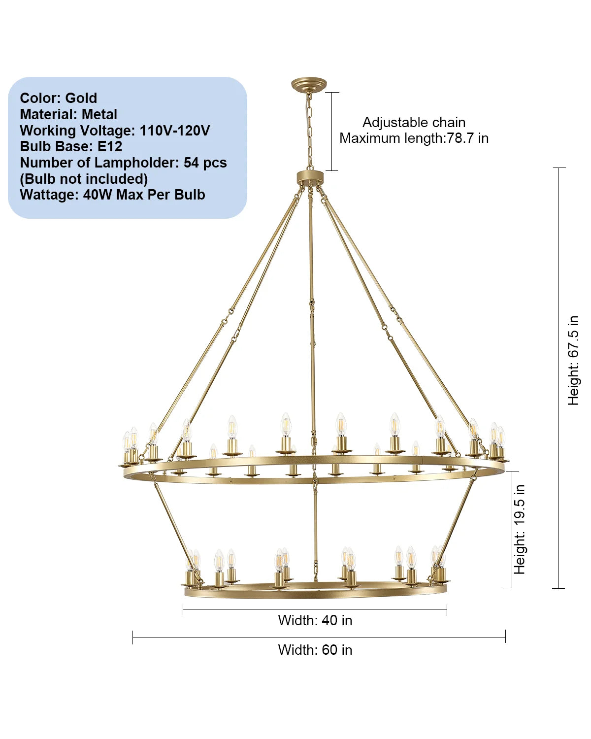 Gold Wagon Wheel Chandelier 2 Tier 60-Inch 36/54-Light, Extra Large Round Rustic Farmhouse Chandelier Metal Circle Chandeliers