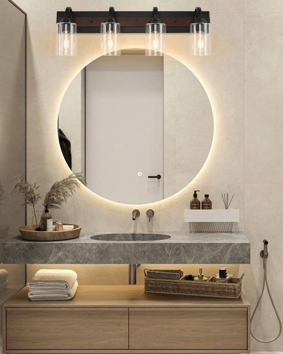 3/4-Light Metal Frame Vanity Lights Over Mirror, Modern Wall Sconce with Clear Glass Shades for Bathroom, Vanity Table, E26 Base