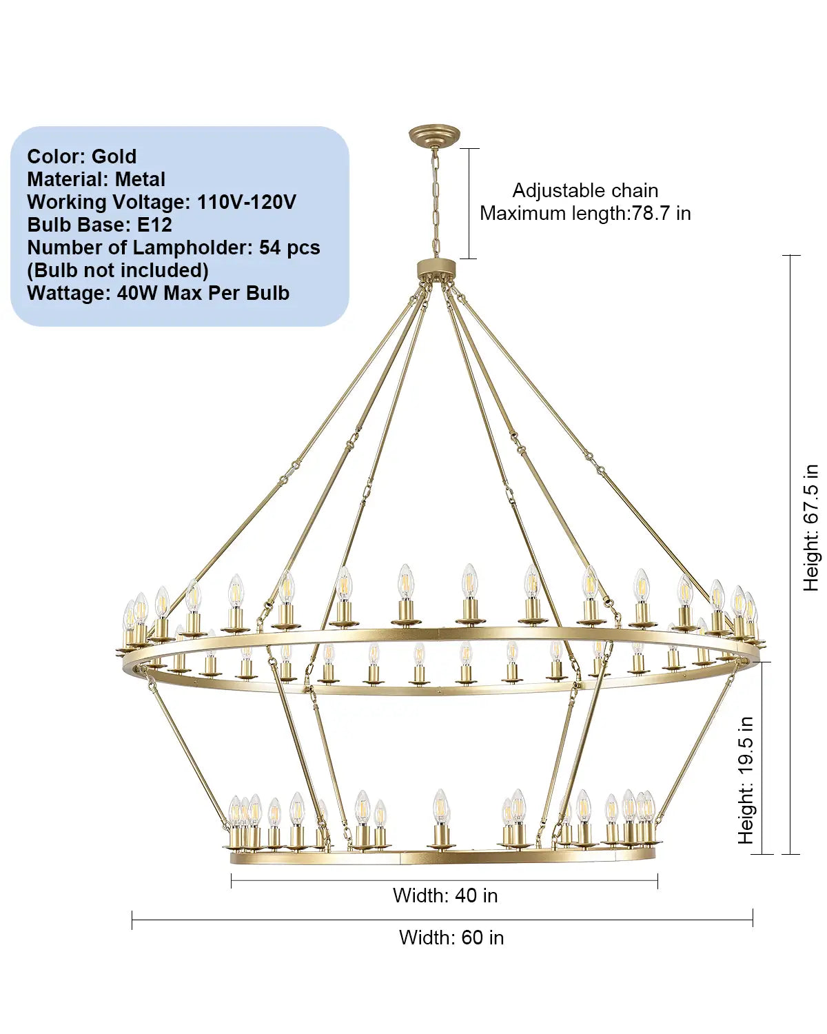 Gold Wagon Wheel Chandelier 2 Tier 60-Inch 36/54-Light, Extra Large Round Rustic Farmhouse Chandelier Metal Circle Chandeliers