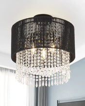 Drum Hanging Light Fixture Swag Lamp Plug | Modern Black Crystal Ceiling Lighting