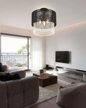 Drum Hanging Light Fixture Swag Lamp Plug | Modern Black Crystal Ceiling Lighting