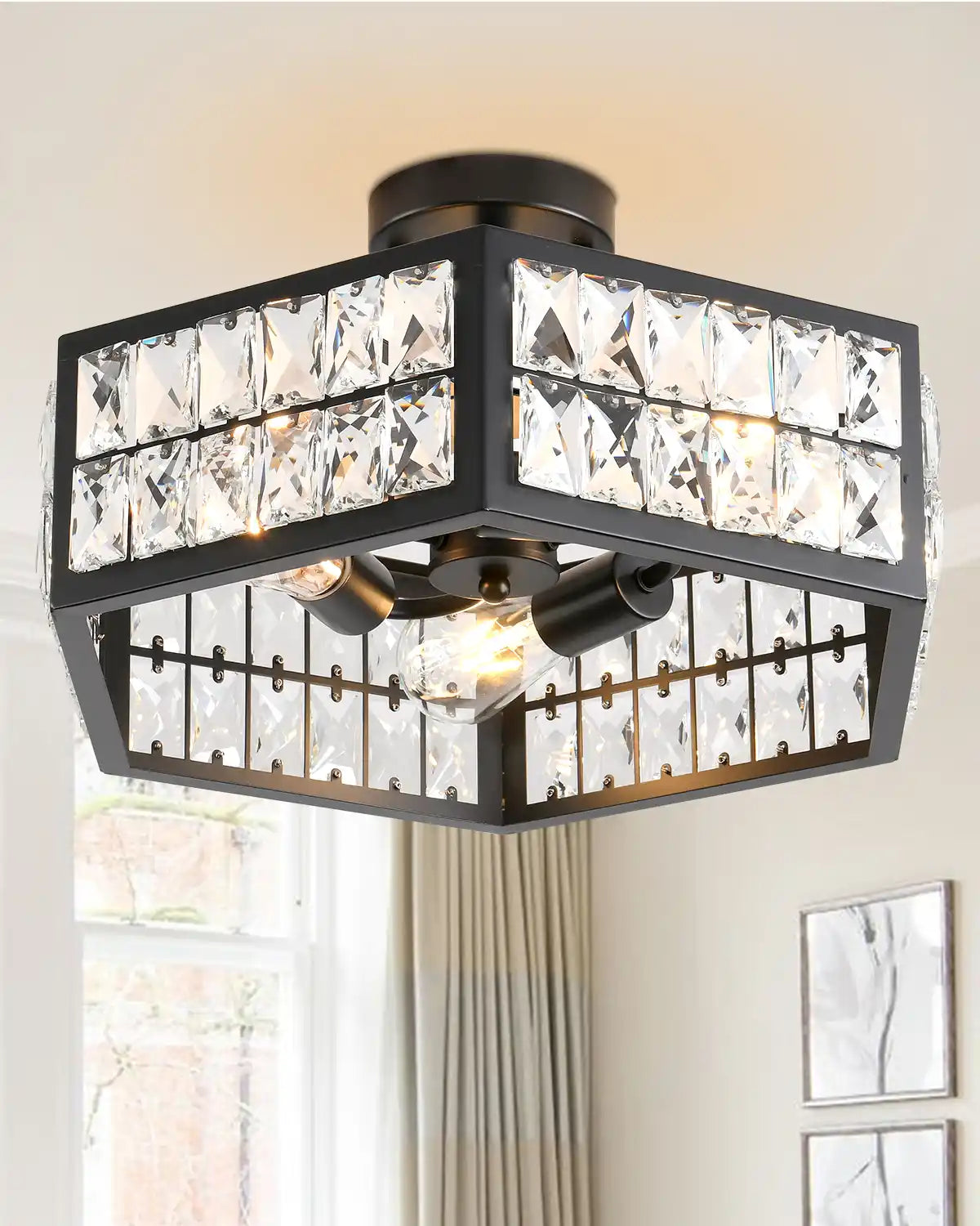 15” 4-Light Modern Crystal Chandeliers Black Dinning Room Light Fixture