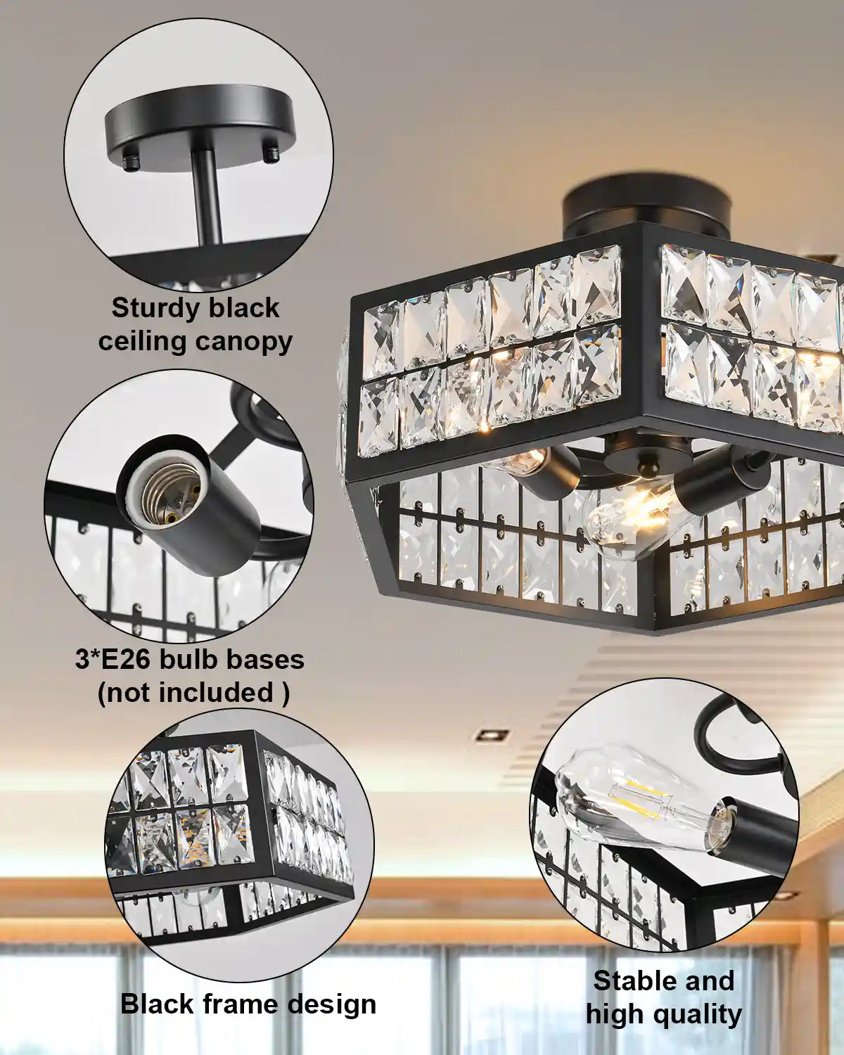 15” 4-Light Modern Crystal Chandeliers Black Dinning Room Light Fixture